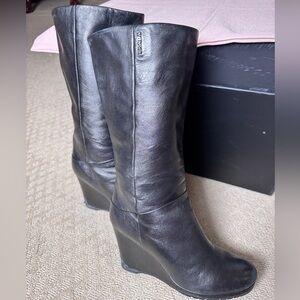Prada Black Leather Wedge Boots